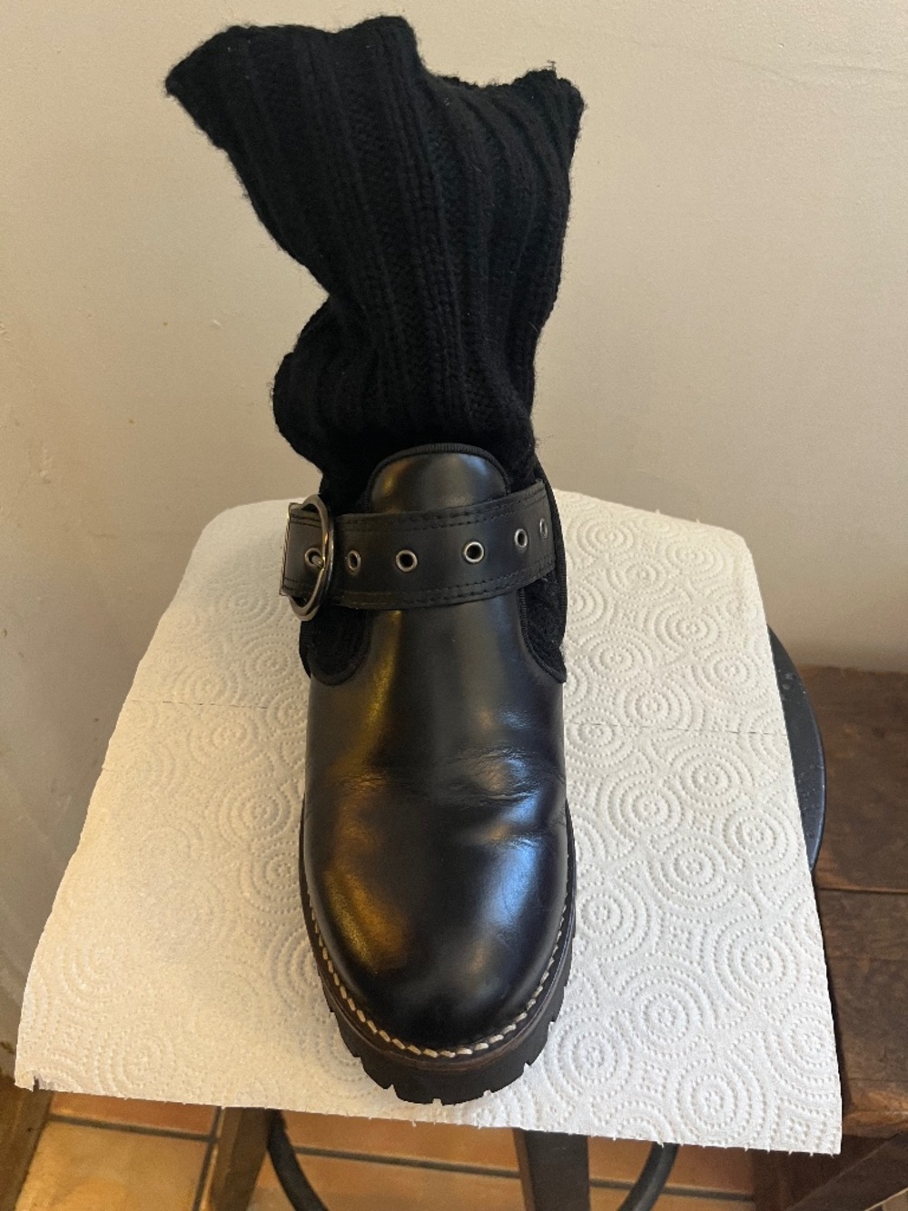 ZARA Black Leather Lug Sole Buckle Knit Cuff Boots EU 39